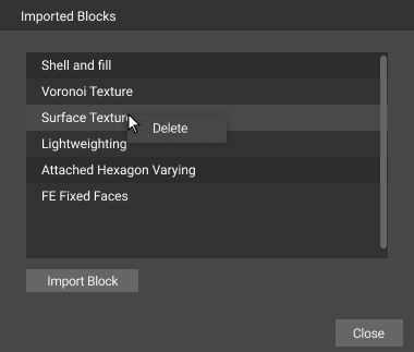 You can delete imported blocks in the imported blocks menu by right clicking them and selecting delete.