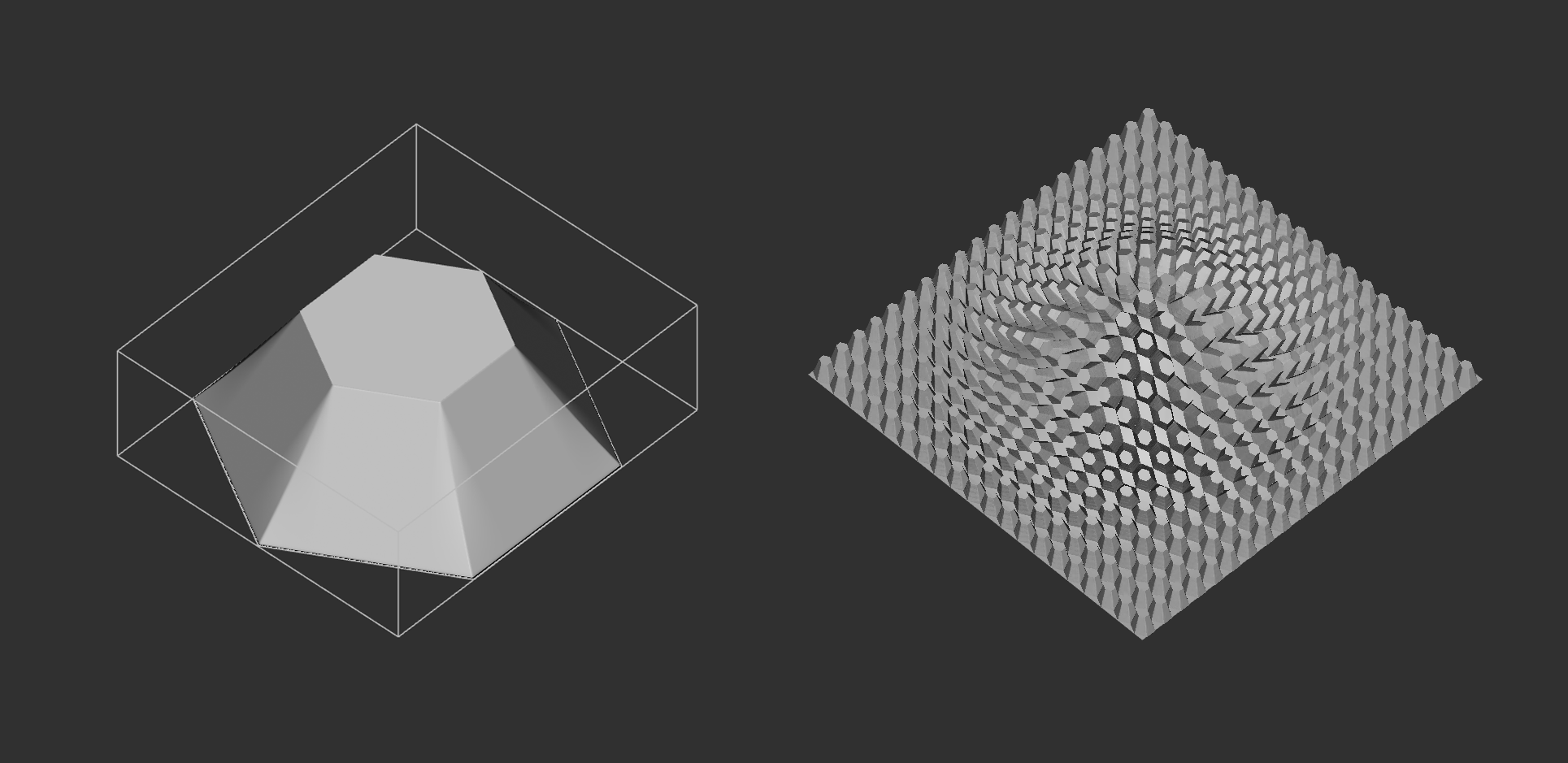 The left image shows a custom unit cell created using the Custom Implicit Unit Cell block. The right image shows a lattice created using the unit cell.