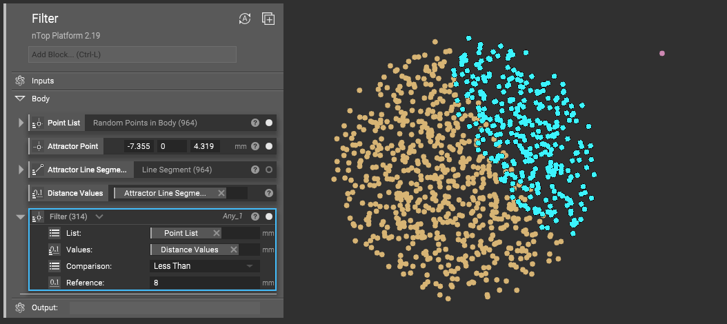 The image shows how to use the Filter block to filter a list of points based on values.