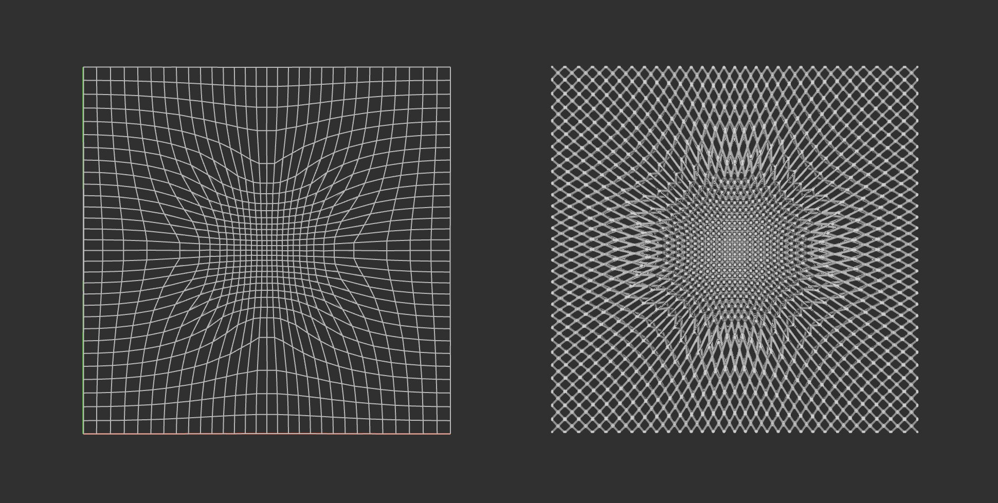 The left image shows a cell map created using the Warp Cell Map block. The right image shows a lattice created using the cell map.