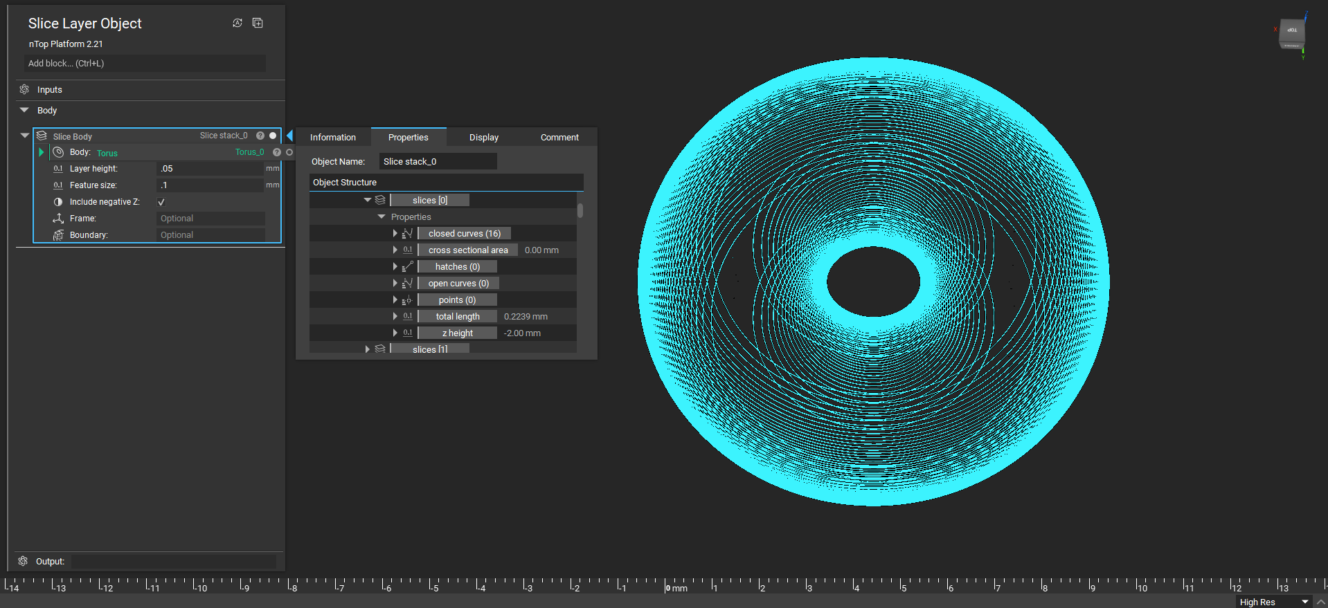 A Torus body that has been sliced using the Slice Body block. The slice body properties panel is open to show the slice property.