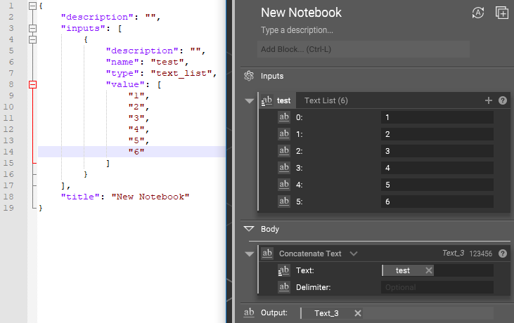 The image on the left shows a JSON file open in a text editor. The right image shows the nTop notebook used to create the JSON. These images showcase how list inputs can now be used for nTopCL.