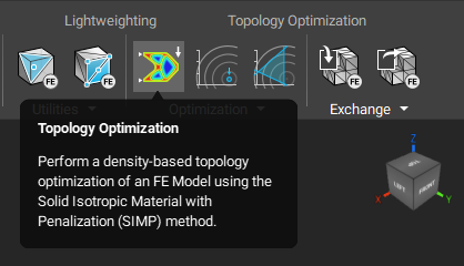 Hovering over a block in the ribbon displays the block's tooltip. The image shows the Topology Optimization tooltip from hovering the block in the ribbon.