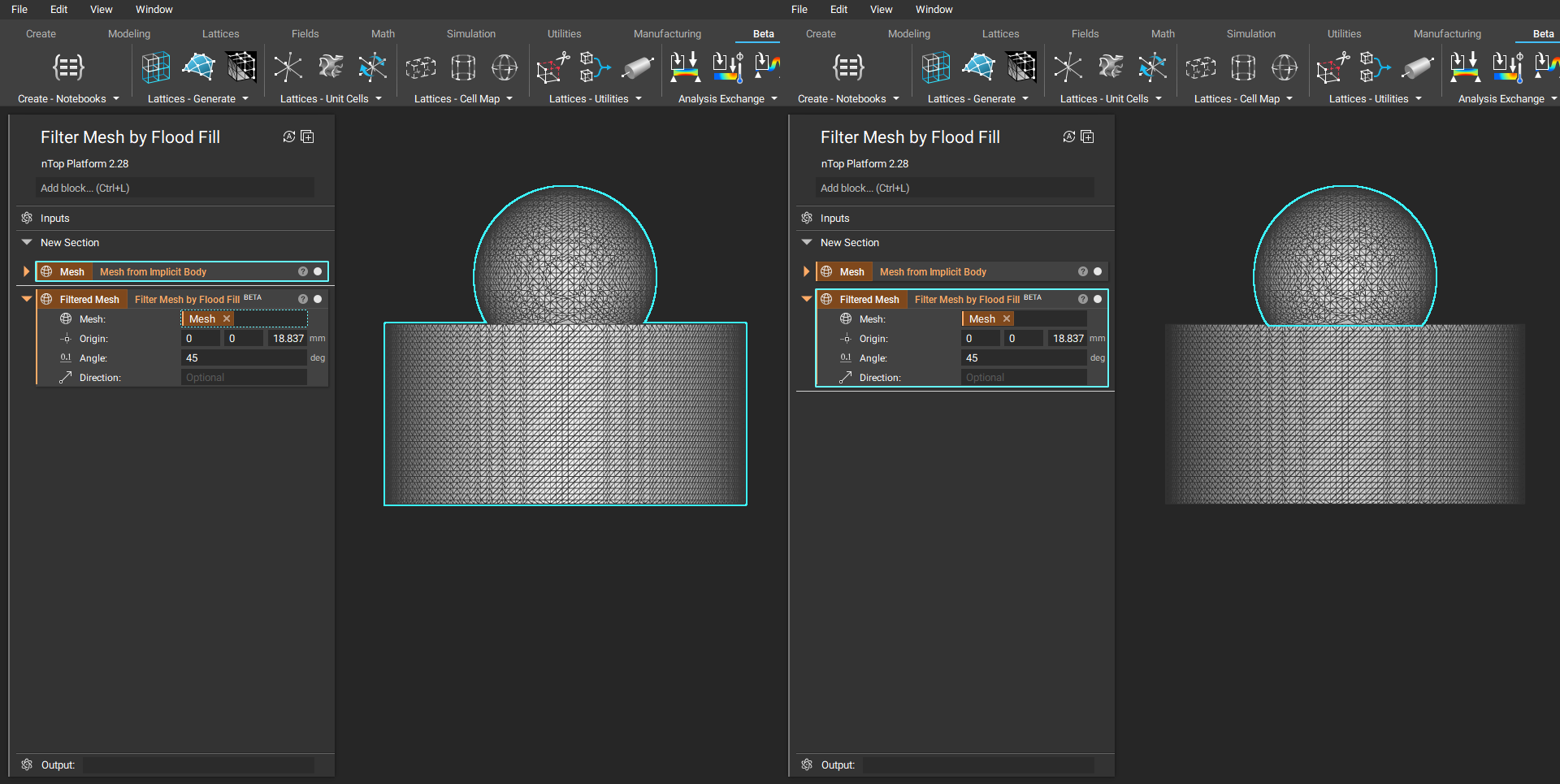 The left image shows a mesh created in nTop. The right image shows how to select a portion of the mesh using the Filter Mesh by Flood Fill block.