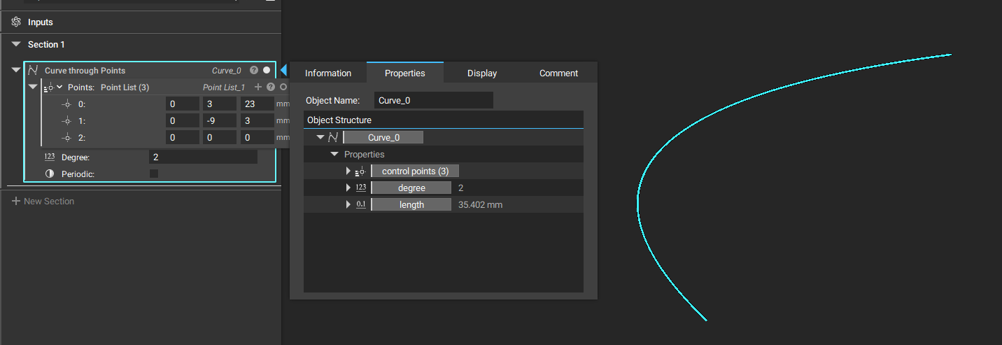 A curve through points block with its properties panel open. The properties panel now has a length property chip for curves