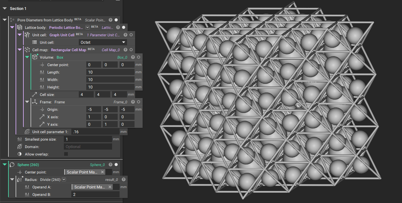 An example of using the Pore Diameters from Lattice Body block. Spheres have been placed at each of the pore diameter centroids to help visualize the diameters.The model shows a beam based lattice with spheres located at the pore centroids.