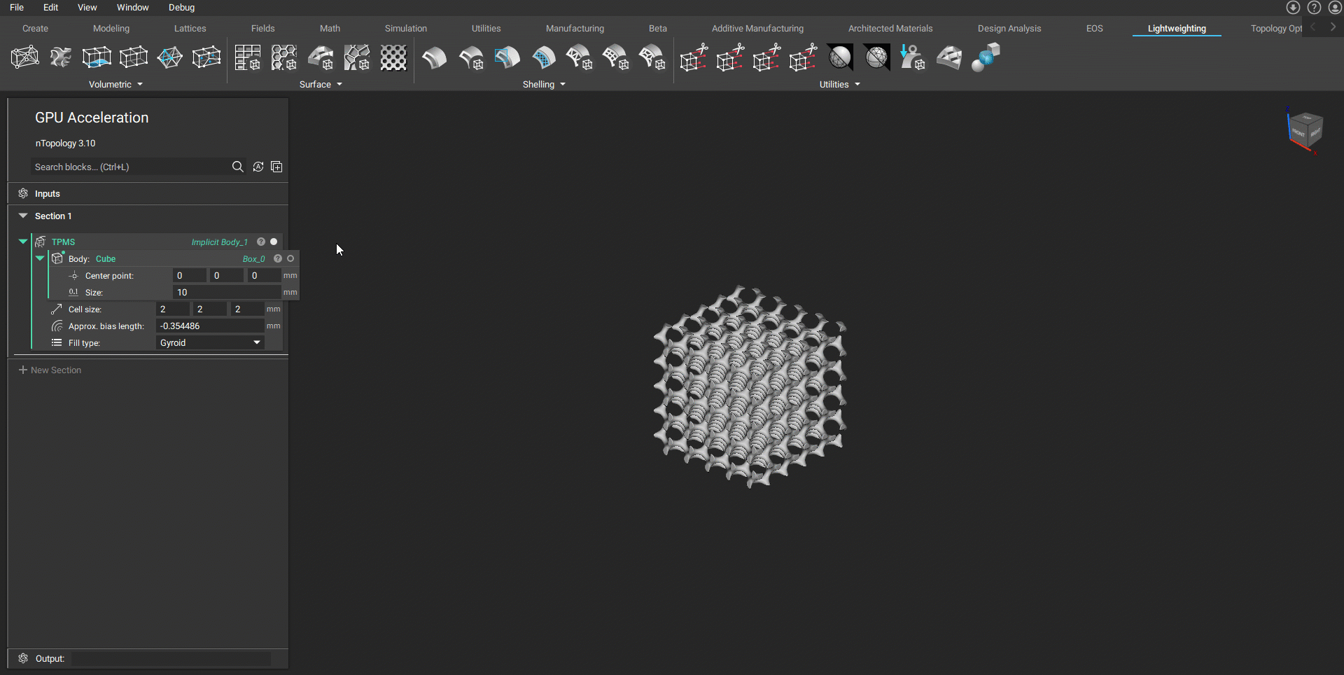 Changing the size of a cube with GPU Acceleration enabled.