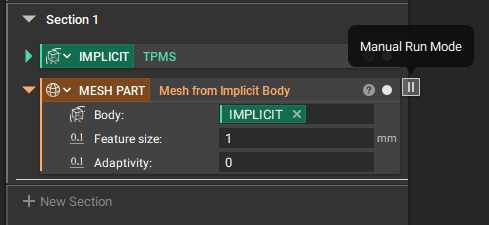 A block that has already ran, with Manual Run Mode enabled, will have a pause icon next to the block visibility toggle.