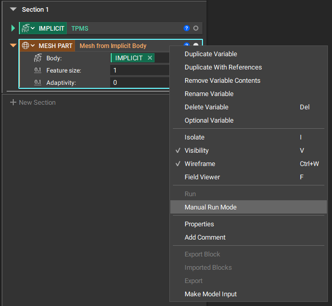The right click block menu now includes an option for Manual Run Mode.