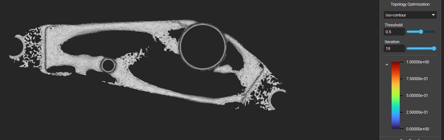 An image taken during the Topology Optimization process being run on a bracket. You can now see the iterations generate as the process runs.