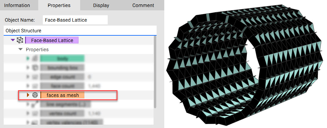 The image shows a lattice block with its properties panel open. There is a property chip called faces as mesh.