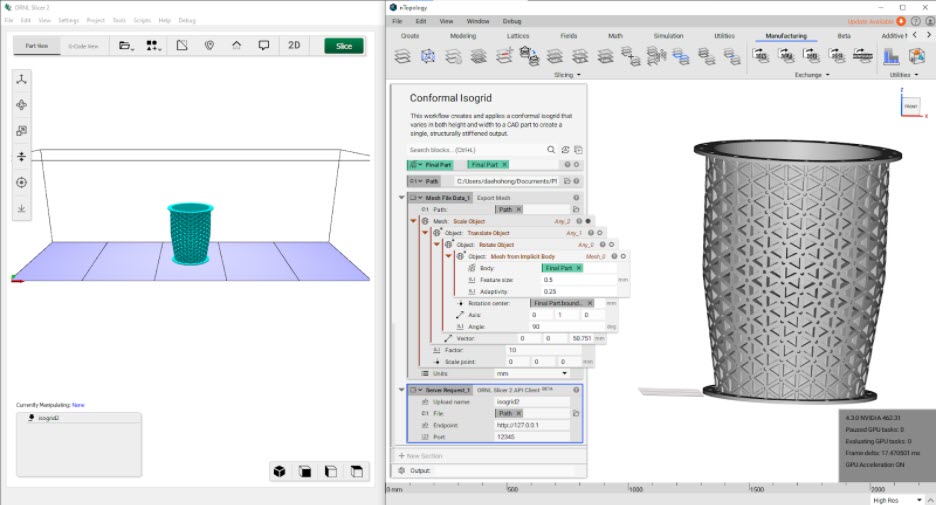 The right image shows a mesh generated in nTop. The right image shows the mesh imported into the ORNL Slicer 2 client.