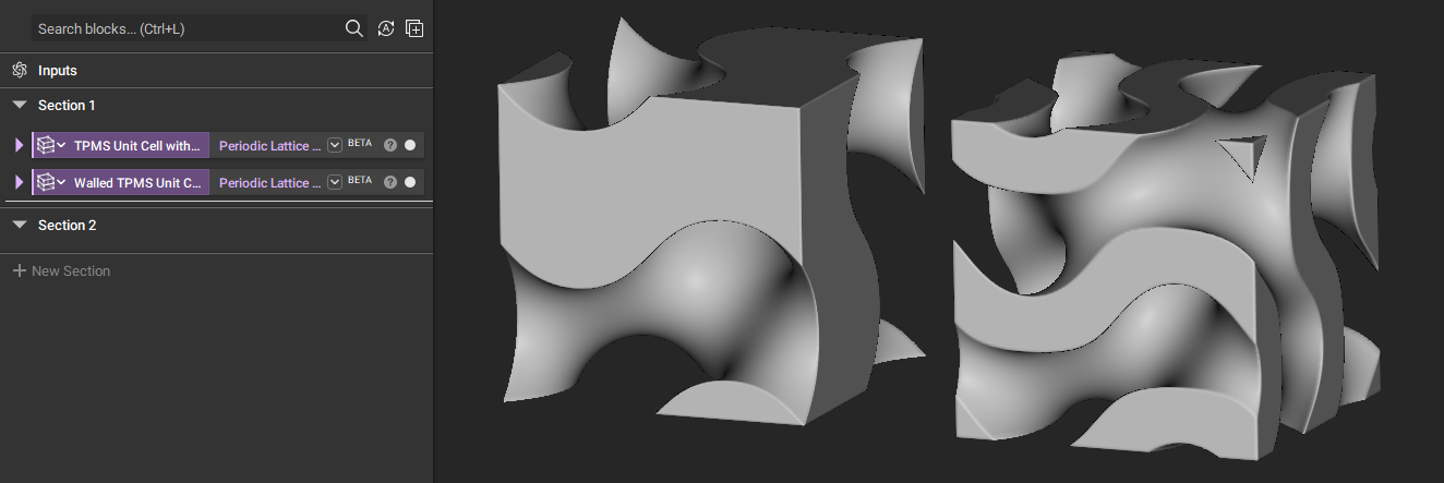 A comparison of the new TPMS Unit Cell with Bias (Beta) block (left) and the Walled TPMS Unit Cell (Beta) block (right)