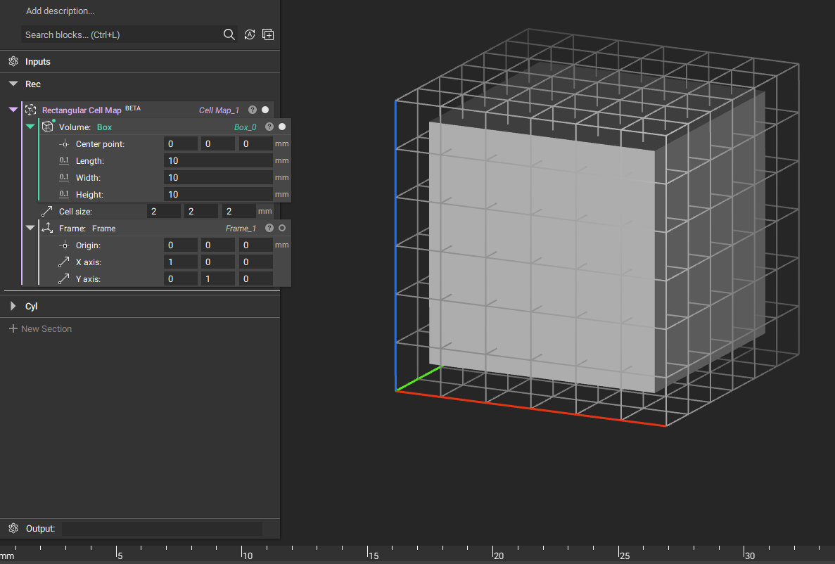 A rectangular cell map block with a box block in the volume input and a Frame block in the Frame input. The Cell Map is larger than the body.