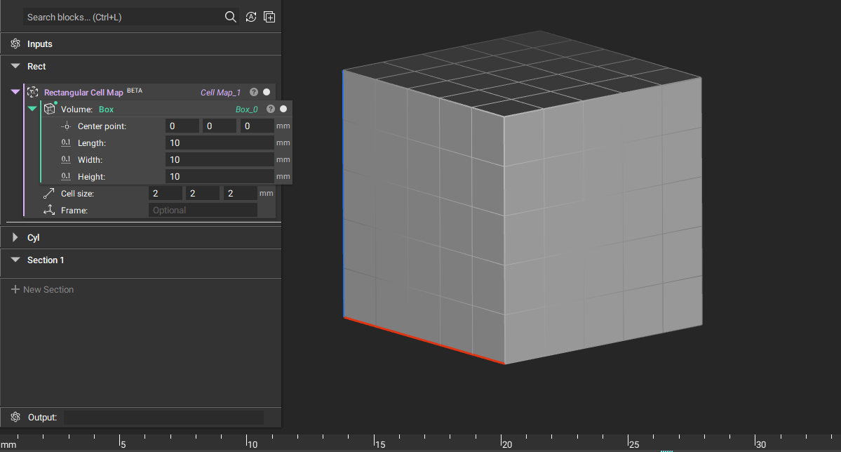 A rectangular cell map block with a box block in the volume input. The Cell Map is conformal to the box size.