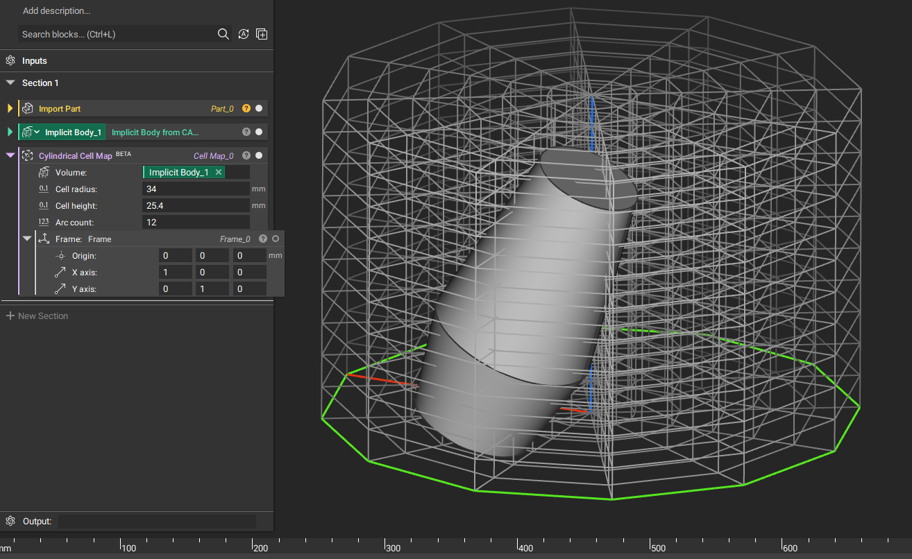 The Cylindrical Cell Map block prior to 3.15. This block used the default frame and is unaware of the geometry of the input volume: