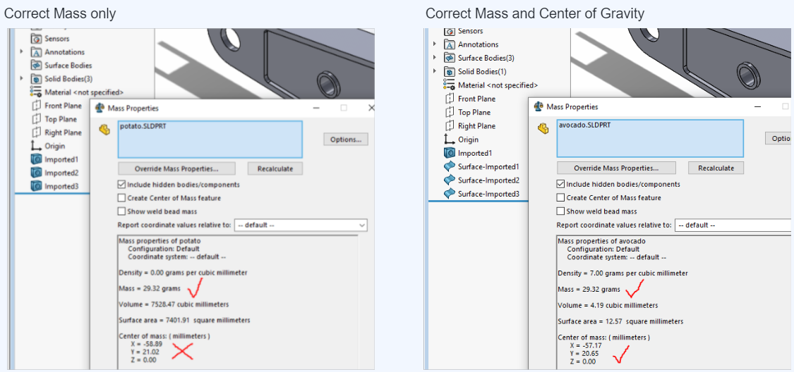 The left image shows the Simplified Body Representation without the Exact COG input, imported into Solidworks. The mass properties panel is open and shows how the part only has the correct mass. The right image shows the Simplified Body Representation with the Exact COG input, imported into Solidworks. The mass properties panel is open and shows how the part has the correct mass and center of gravity.