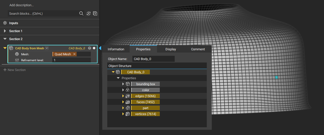 The output from the CAD Body from Mesh block. The block Properties shows 7452 faces.