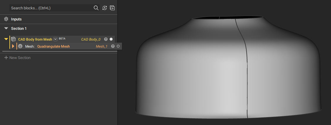 Output in the CAD Body from Mesh (Beta) block that received the bug fix. Note that there are now two CAD faces.