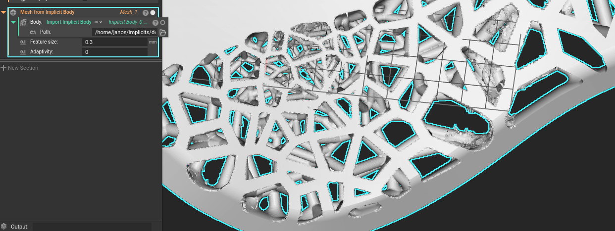A mesh created from the Mesh from Implicit Body block. The mesh is of a beam based lattice.
