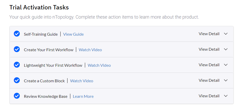 Trial Activation tasks that users can review and accomplish.