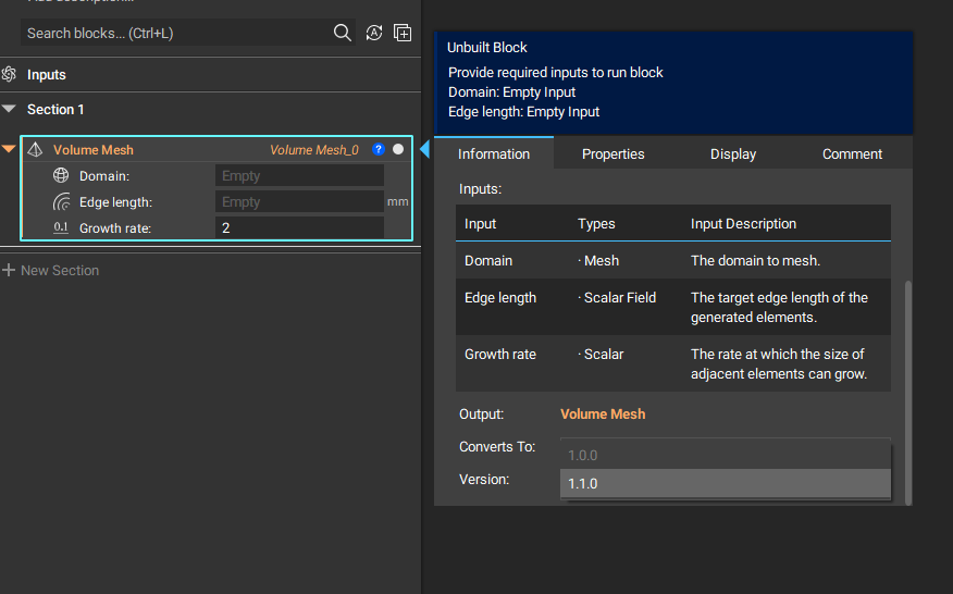 A volume mesh block with its properties panel open. You can select the block version from the drop down menu in the information tab.