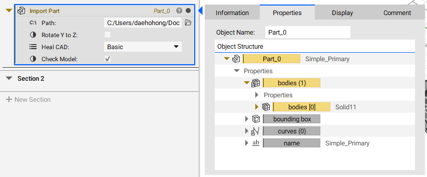 An import part block with its properties panel open. The properties panel shows the imported part with its name next to it. The CAD body property chip also has its name next to it.