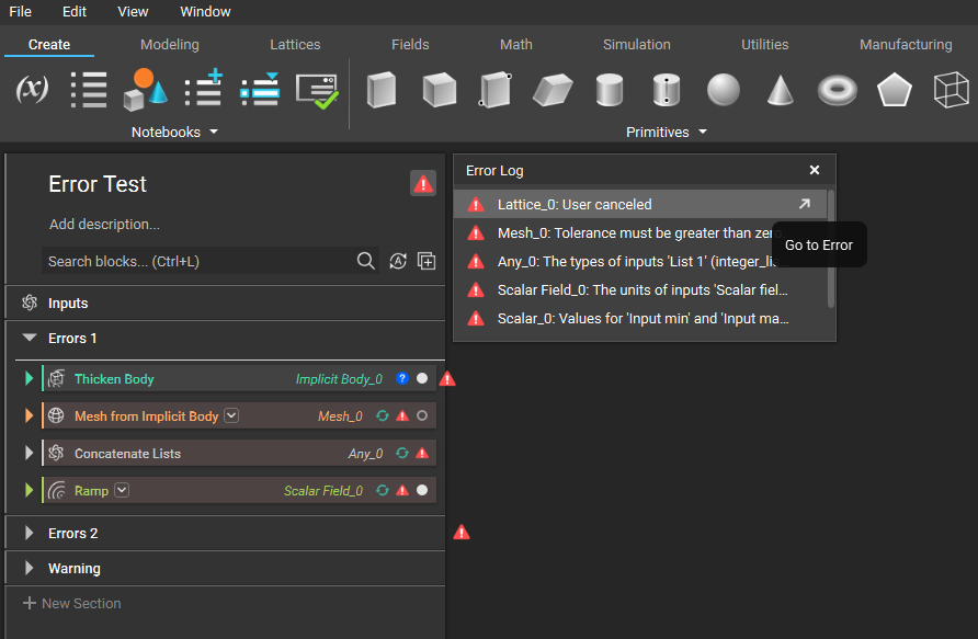 An example error log in the nTop notebook showing all current errors in your notebook.
