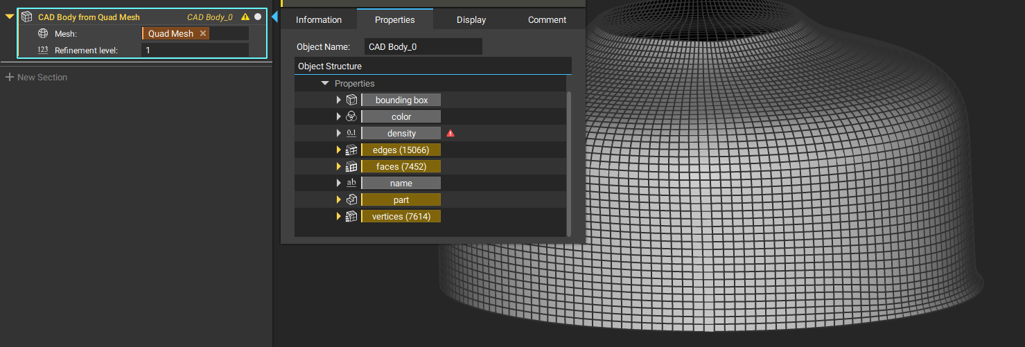 The output from the CAD Body from Quad Mesh V1.0.0 block. The block Properties shows 7452 faces.