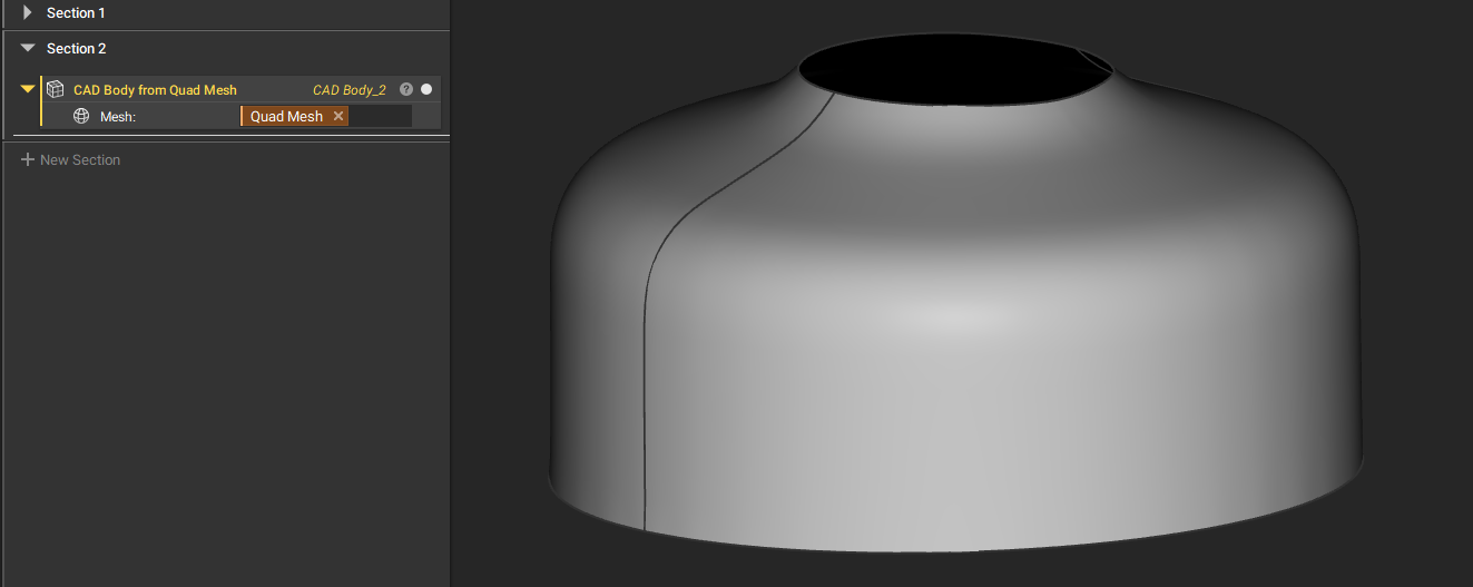 Output from the CAD Body from Quad Mesh V1.1.0 block. Note that there are now two CAD faces.