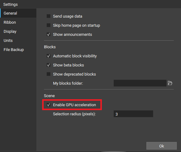 The nTop settings menu open to the General tab. There is a setting option to Enable GPU Acceleration.