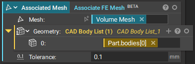 The Associate FE Mesh block with a Volume Mesh inserted into the Mesh input. There is a CAD Body List inserted into the Geometry input.