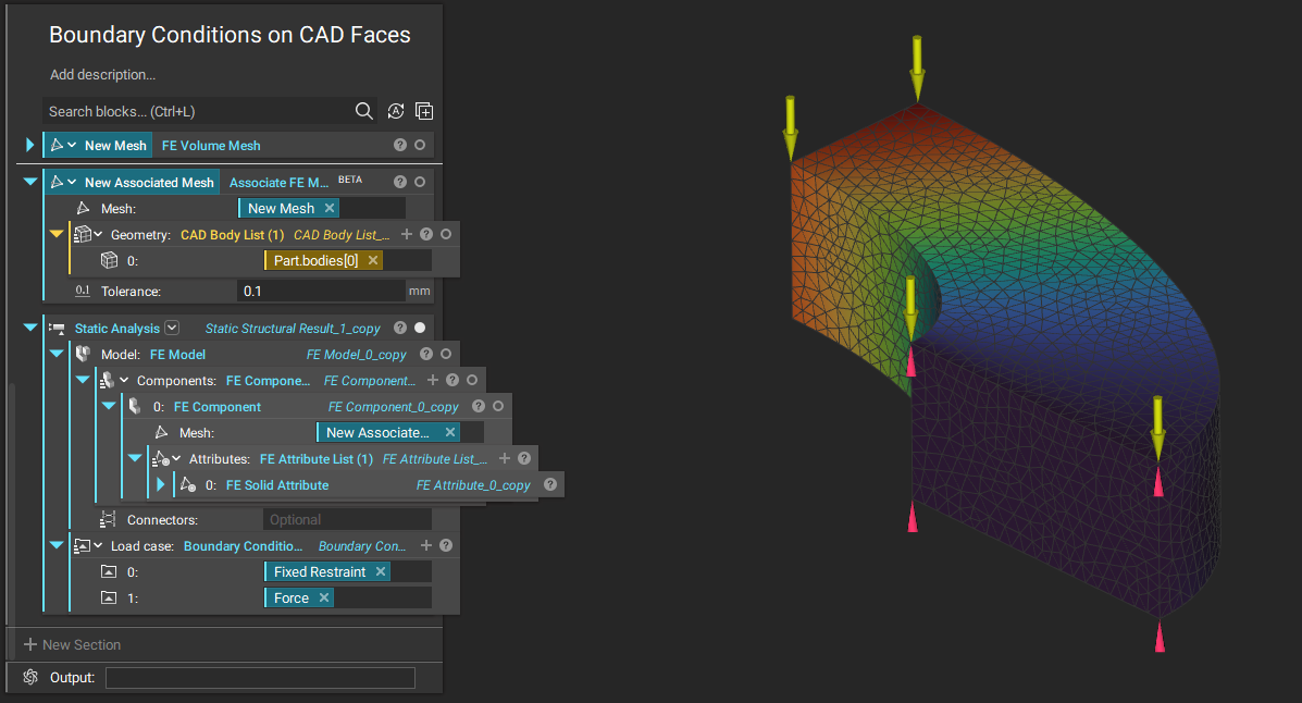 A Static Analysis run using the Associate FE Mesh block. The Model shows the simulation results with the boundary condition glyphs.