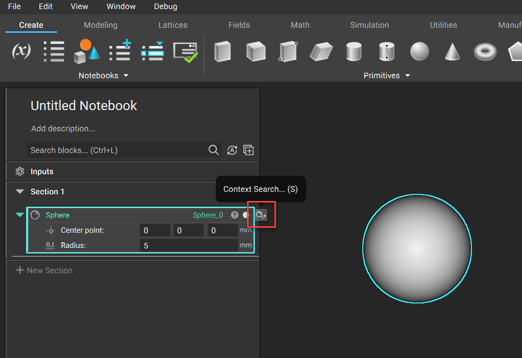 A sphere block selected with the magnifying glass icon next to it indicating Context Search.
