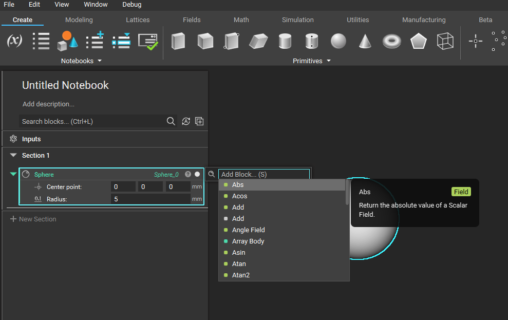 When you click the magnifying glass icon next to a block, it opens the context search drop down menu.