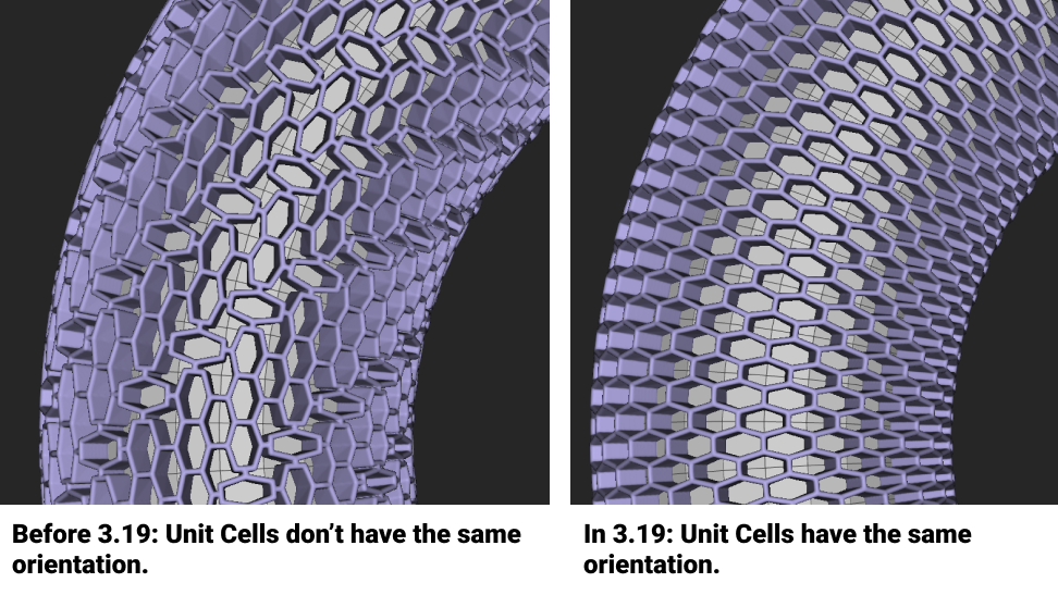 The image on the left shows a lattice before nTop 3.19, there was a bug causing unit cells to not have the same orientation. In nTop 3.19, this bug is no longer present and the unit cells all have the same orientation.