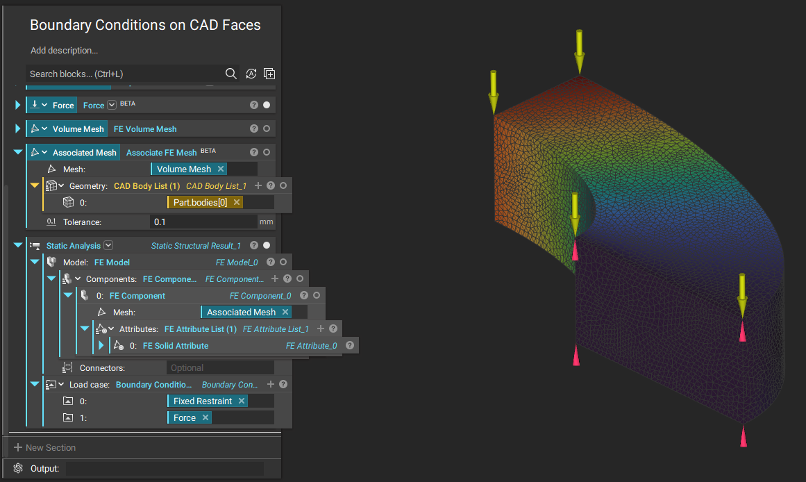 A Static Analysis run using the Associate FE Mesh block. The Model shows the simulation results with the boundary condition glyphs.