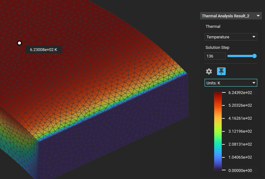 A thermal analysis result with the simulation hud next to it. You can probe the element values by mousing over the results.