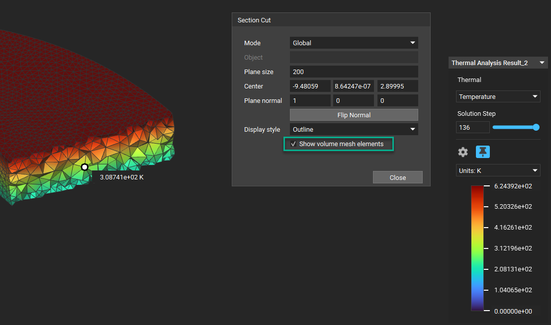 Using a section cut on the thermal analysis results, you can visualize the volume mesh elements. Make sure the Show volume mesh elements option is enabled in the section cut settings.