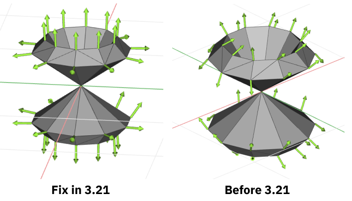 The image on the right shows the bug before nTop 3.21 that was causing incorrect vector gradients to occur on implicit bodies near edges or vertices. The image on the left shows the corrected vector gradients in nTop 3.21.