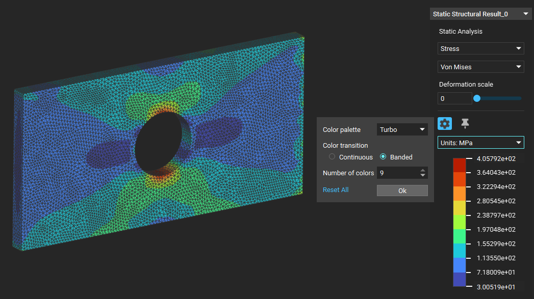 In the heads up display of a static structural result, you can change the color palette being displayed on the results.