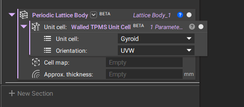 A periodic lattice body block with a Walled TPMS Unit Cell block in the Unit cell input.