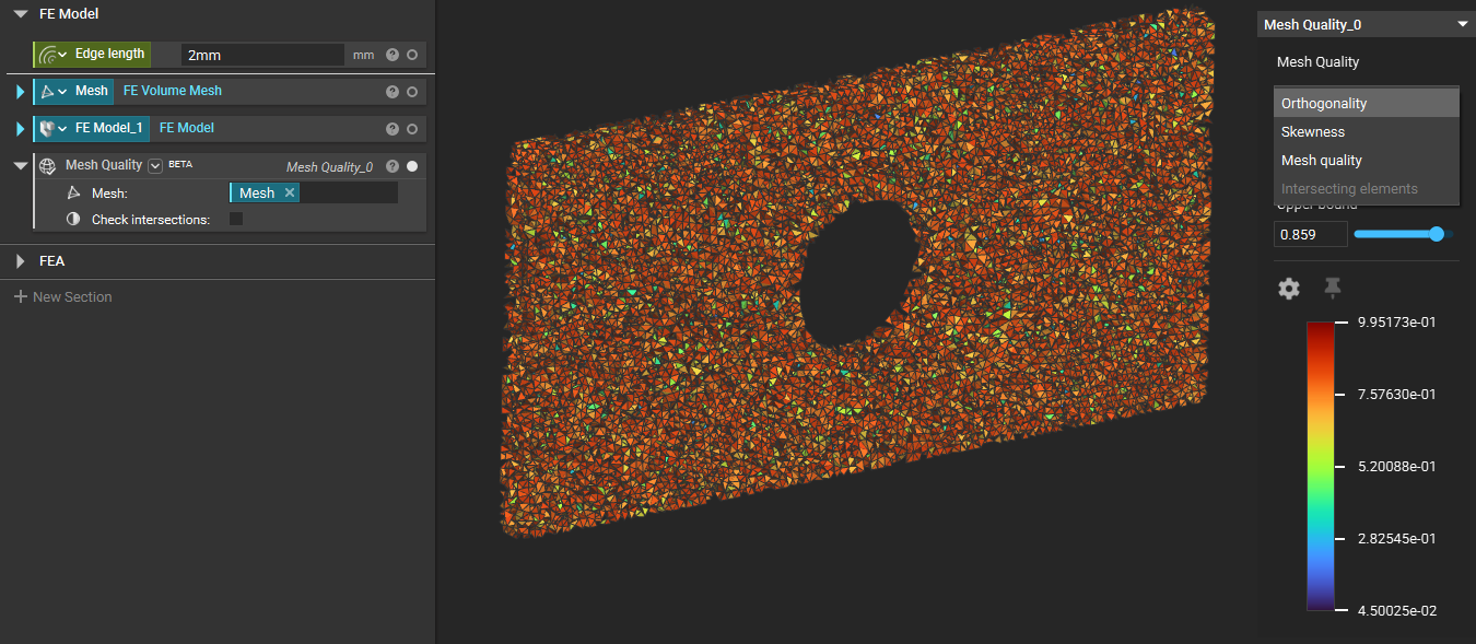 An example of using the Mesh Quality block on an FE Volume Mesh. The results show the orthogonality of the mesh elements. You can also analyze the elements for skewness, mesh quality, and intersecting elements.