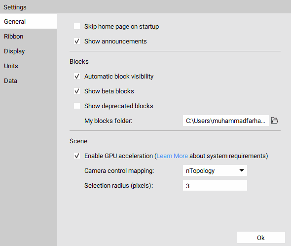 The nTop settings menu open to the General tab. The gif shows the different options of the drop down menu for the Camera control mapping setting.