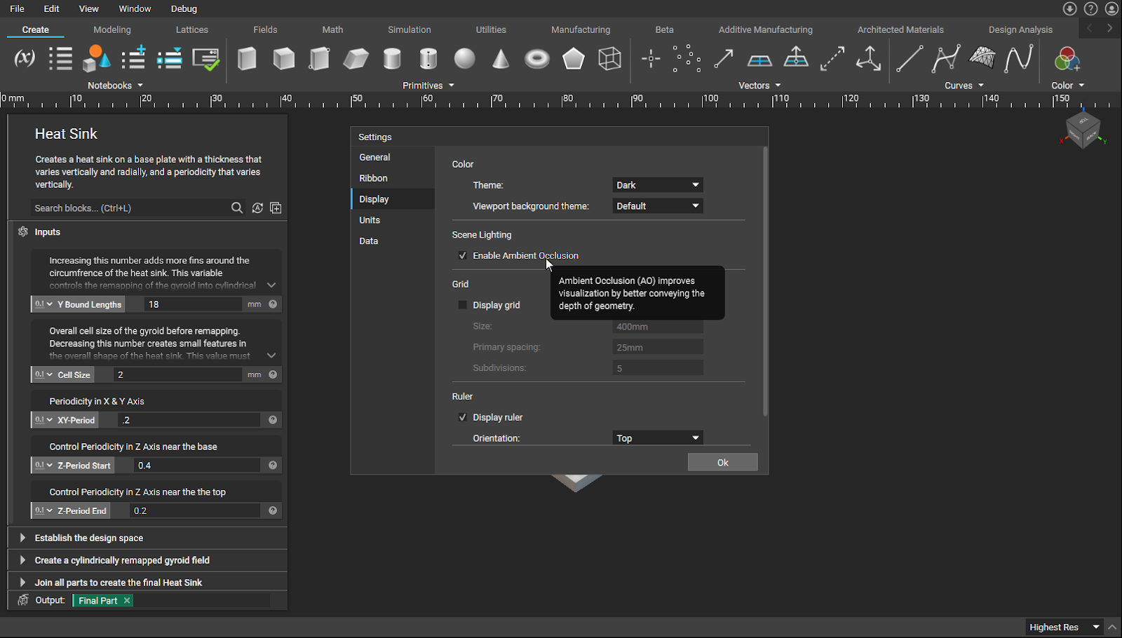 In nTop 3.26, the image shows the nTop settings menu open to the display tab. There is an option to enable ambient occlusion.