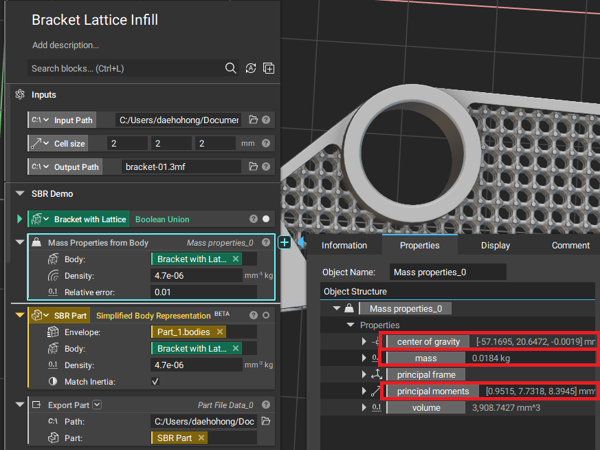 Using Mass Properties from Body on a latticed bracket. The properties panel of this block displays the center of gravity, mass, and principal moments of the bracket. The bracket is then converted to a Simplified Body using the Simplified Body Representation block.