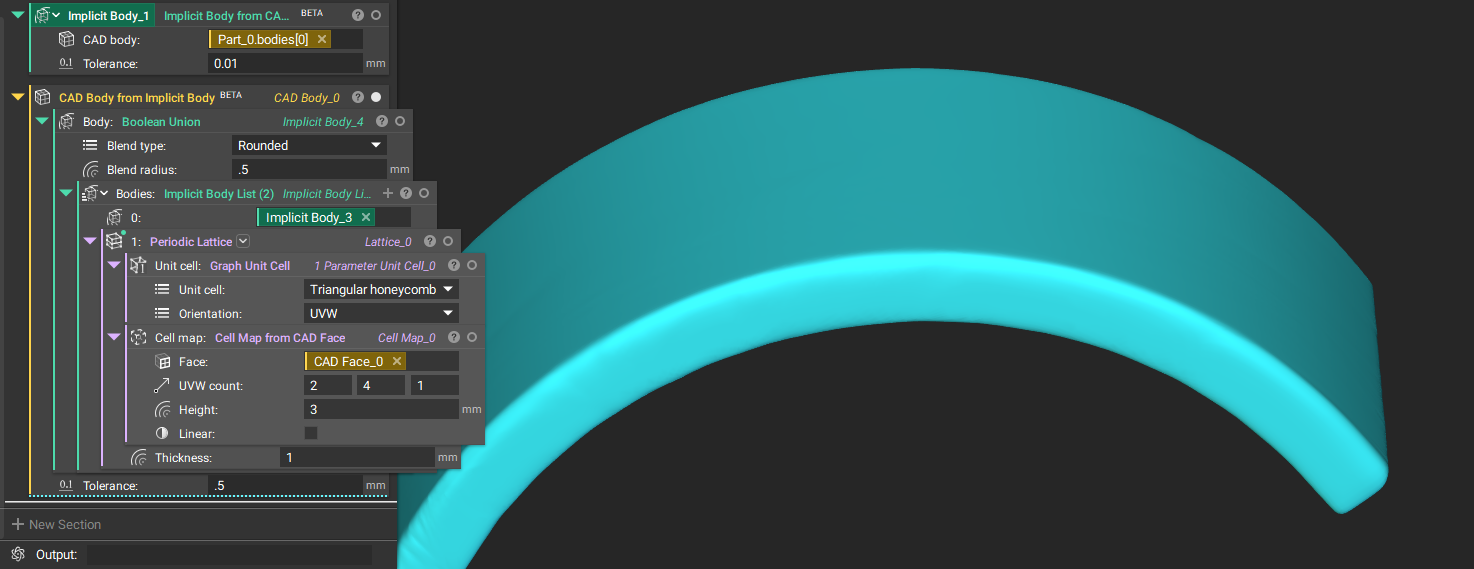 The new version of the CAD Body from Implicit Body block is more accurate and no longer generates the same dent on the surface, as shown in previous versions.