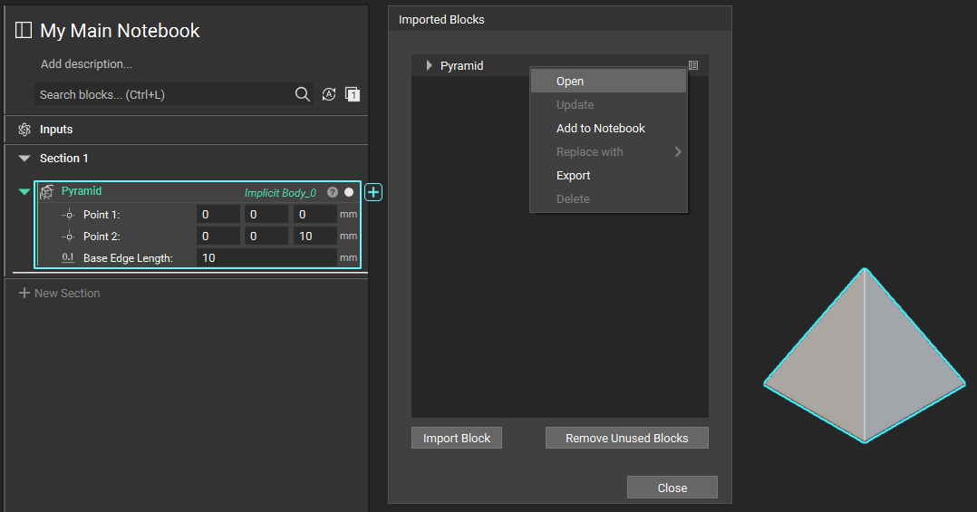 An image showing how to open the imported custom block in the active notebook using the imported blocks menu.