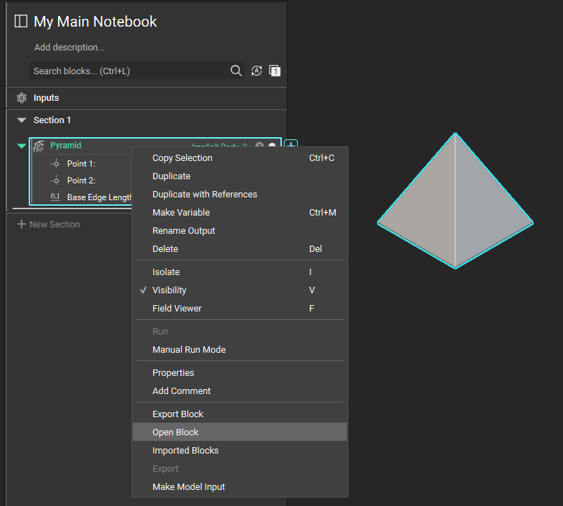 An image showing how to open the imported custom block in the active notebook using the right click menu.