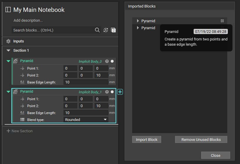 Two versions of a custom block in a notebook. The imported blocks menu is open showing the two different block versions.